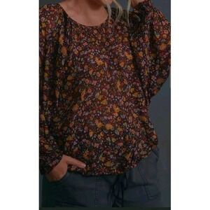 Anthropologie Floral Sheer Long Sleeve Blouse Multi Color Smocked Cuffs SP